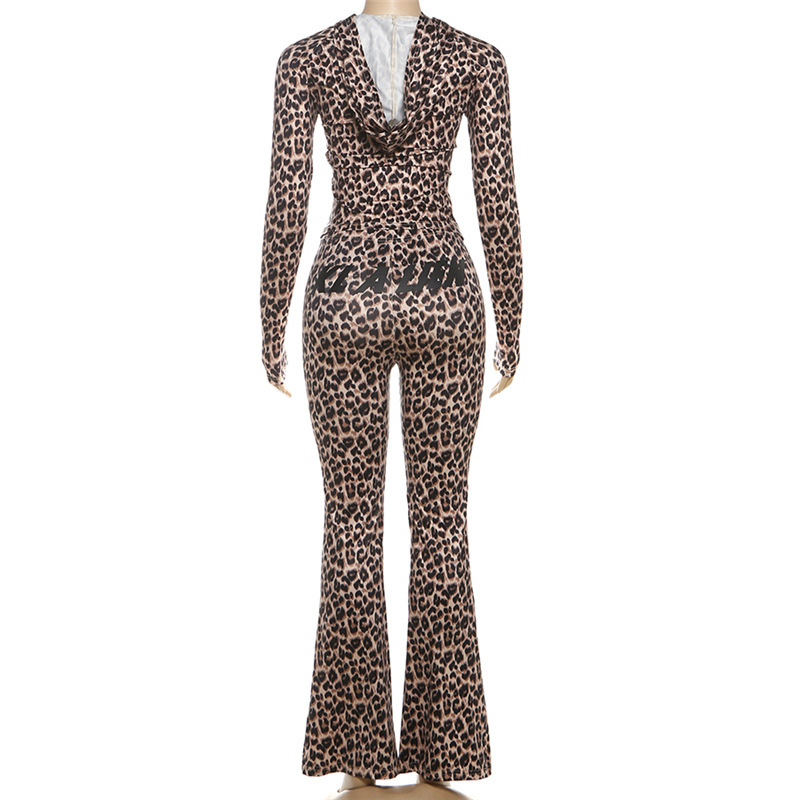 Women Autumn/Winter Hooded Leopard Print Letter Print Long-Sleeve Top and Pants Two-Piece Set
