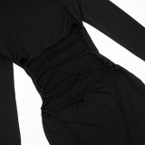 Winter Sexy Solid Color Mock Neck Long Sleeve Lace-Up Bodycon Dress