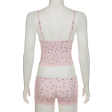 Lace Trim Patchwork Floral Print V-Neck Camisole and High-Waist Shorts Set