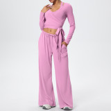 Solid Color Drawstring Long Sleeve Top and Tank Three-Piece Pants Set
