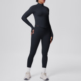 Seamless Solid Color Tight-Fitting High-Stretch Zip-Front Jogger Leggings Set