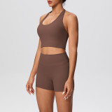 Solid Color Tight-Fitting Halter Neck Tank Shorts Yoga Set