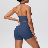 Solid Color Tight-Fitting Halter Neck Tank Shorts Yoga Set