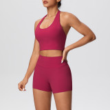 Solid Color Tight-Fitting Halter Neck Tank Shorts Yoga Set