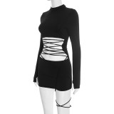 Winter Sexy Solid Color Mock Neck Long Sleeve Lace-Up Bodycon Dress