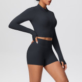 Solid Color Crop Jacket and Shorts Tight-Fitting Yoga Set