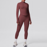 Seamless Solid Color Tight-Fitting High-Stretch Zip-Front Jogger Leggings Set