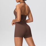 Solid Color Tight-Fitting Halter Neck Tank Shorts Yoga Set