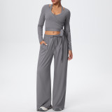 Solid Color Drawstring Long Sleeve Top and Tank Three-Piece Pants Set