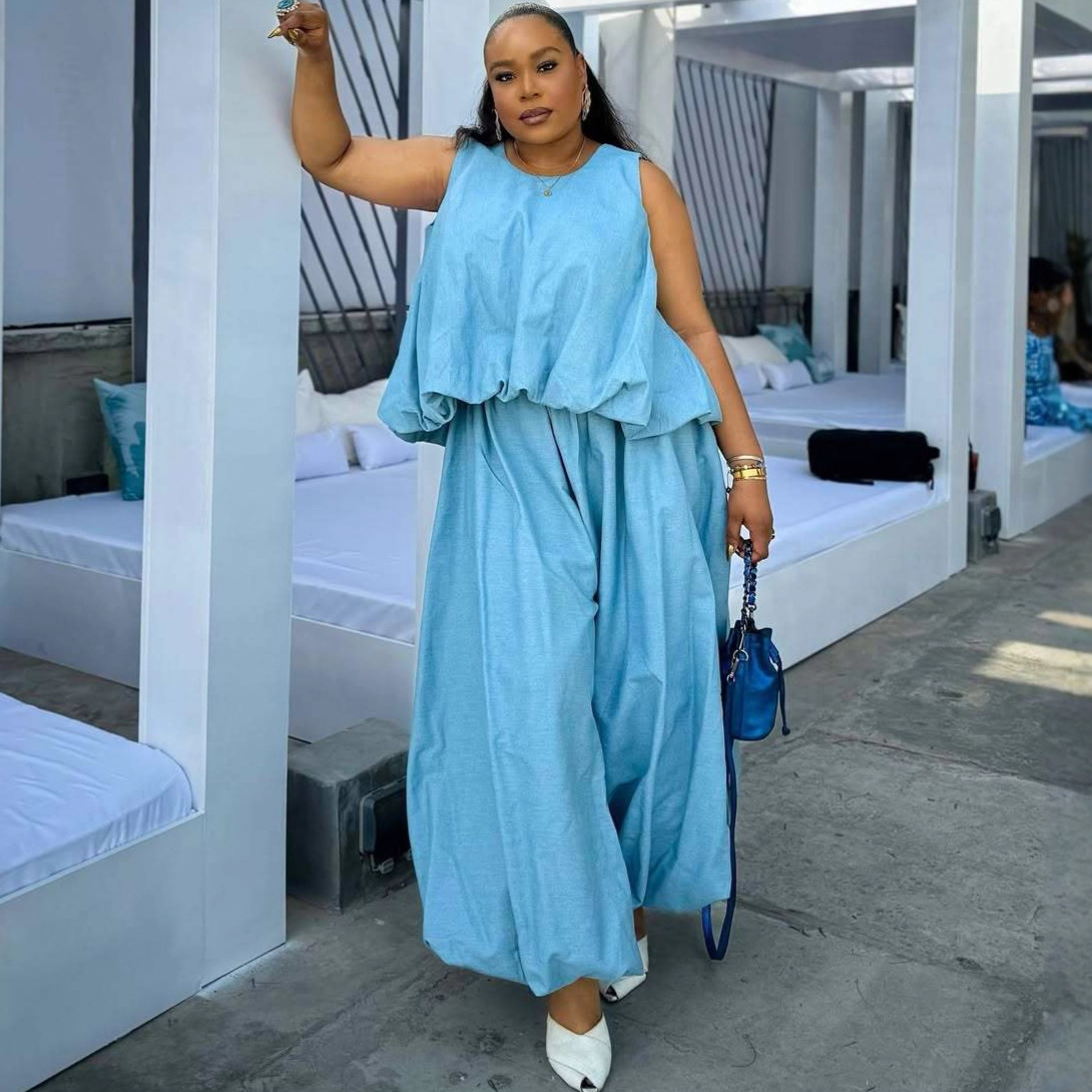 Sleeveless Loose Slim Waist Crop Top and Wide Leg Pants Plus Size Set