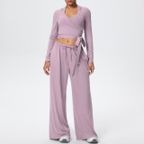 Solid Color Drawstring Long Sleeve Top and Tank Three-Piece Pants Set