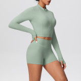 Solid Color Crop Jacket and Shorts Tight-Fitting Yoga Set