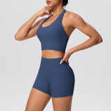 Solid Color Tight-Fitting Halter Neck Tank Shorts Yoga Set