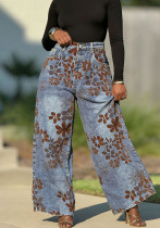Women Washed Flocked Floral Denim Pants