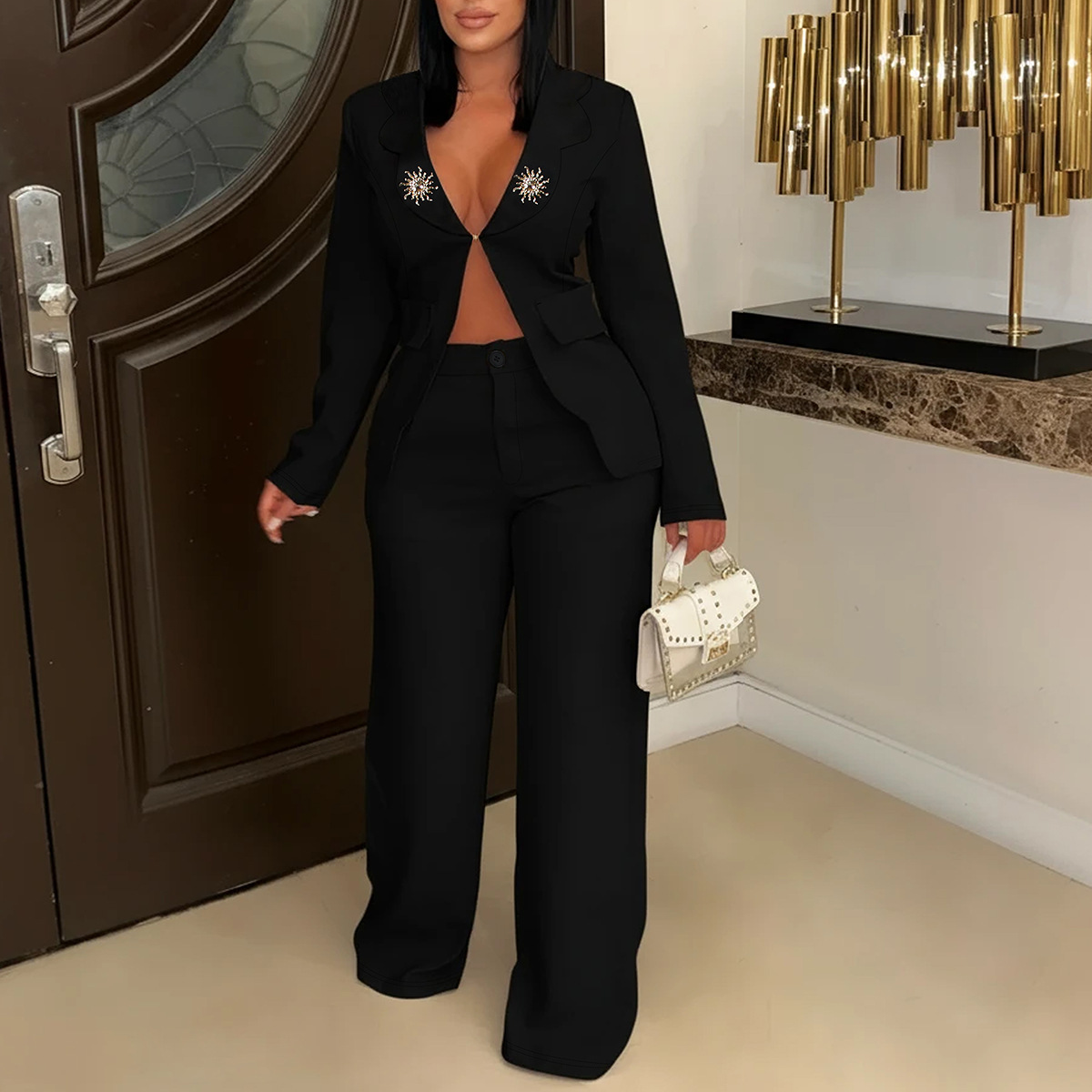 Women Elegant Long-Sleeved Top and Pants Two-Piece Set