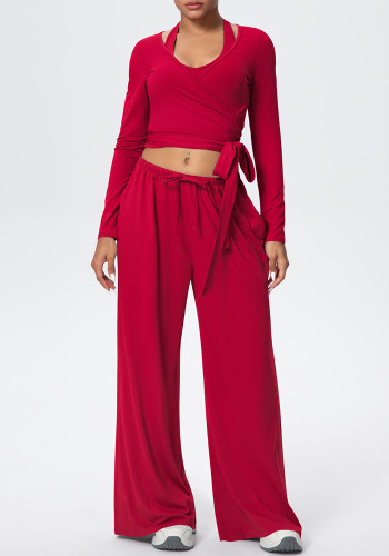 Solid Color Drawstring Long Sleeve Top and Tank Three-Piece Pants Set