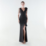Plus Size Women Beaded and Floral One-Shoulder Ruffled Mermaid Evening Dress