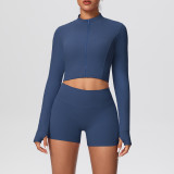 Solid Color Crop Jacket and Shorts Tight-Fitting Yoga Set