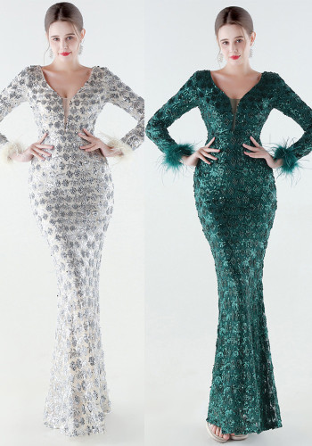 Plus Size Women Sequined Furry Formal Party Evening Dress