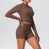 Solid Color Crop Jacket and Shorts Tight-Fitting Yoga Set