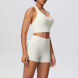 Solid Color Tight-Fitting Halter Neck Tank Shorts Yoga Set