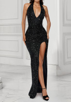 Women Sequin Sleeveless Sexy V-Neck Slit Prom Backless Evening Dress