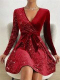Women Autumn/Winter Sexy V-Neck Sequin Mini Dress