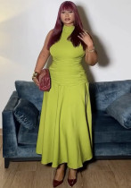 Women Autumn/Winter High-Neck Sleeveless Pleated Solid Dress