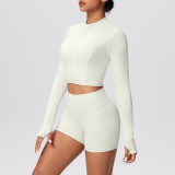 Solid Color Crop Jacket and Shorts Tight-Fitting Yoga Set
