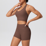 Solid Color Tight-Fitting Halter Neck Tank Shorts Yoga Set