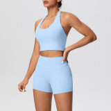 Solid Color Tight-Fitting Halter Neck Tank Shorts Yoga Set