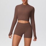 Solid Color Crop Jacket and Shorts Tight-Fitting Yoga Set
