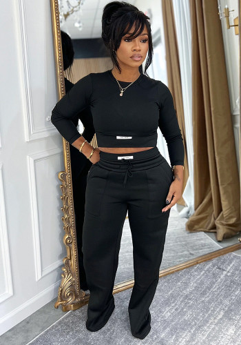 Women Autumn/Winter Casual Solid Top and Pant Two-Piece Set