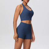 Solid Color Tight-Fitting Halter Neck Tank Shorts Yoga Set