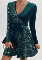 Women Autumn/Winter Sexy V-Neck Sequin Mini Dress