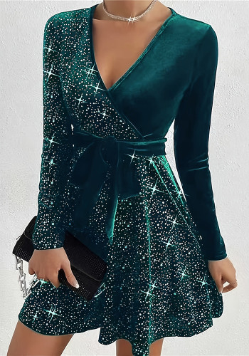 Women Autumn/Winter Sexy V-Neck Sequin Mini Dress