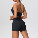 Solid Color Tight-Fitting Halter Neck Tank Shorts Yoga Set