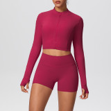 Solid Color Crop Jacket and Shorts Tight-Fitting Yoga Set