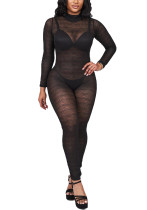 Women Sexy See-Through Mesh Backless Long-Sleeve Jumpsuit