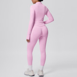 Seamless Solid Color Tight-Fitting High-Stretch Zip-Front Jogger Leggings Set