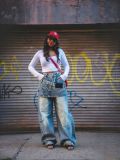 Women Washed Faux Two-Piece Hem Denim Pants