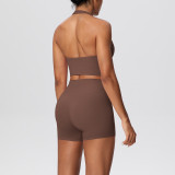Solid Color Tight-Fitting Halter Neck Tank Shorts Yoga Set