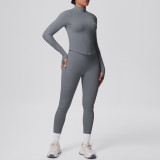 Seamless Solid Color Tight-Fitting High-Stretch Zip-Front Jogger Leggings Set