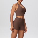 Solid Color Tight-Fitting Halter Neck Tank Shorts Yoga Set