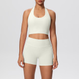 Solid Color Tight-Fitting Halter Neck Tank Shorts Yoga Set