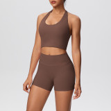 Solid Color Tight-Fitting Halter Neck Tank Shorts Yoga Set
