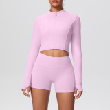 Solid Color Crop Jacket and Shorts Tight-Fitting Yoga Set