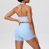 Solid Color Tight-Fitting Halter Neck Tank Shorts Yoga Set