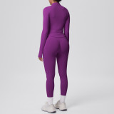 Seamless Solid Color Tight-Fitting High-Stretch Zip-Front Jogger Leggings Set