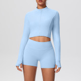 Solid Color Crop Jacket and Shorts Tight-Fitting Yoga Set